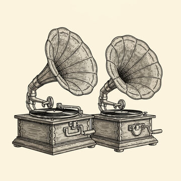 Detailed engraving style illustration of two vintage gramophones featuring large flared horns, wooden cabinets with hand cranks, and vinyl records on rotating turntables.
