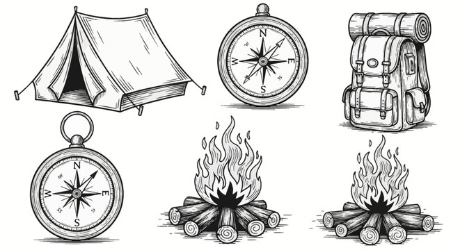 Hand-drawn black and white vintage camping equipment set including an A-frame tent, navigational compass, hiker backpack with bedroll, and campfire with logs in woodcut style.