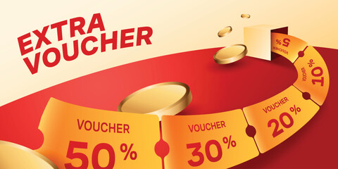 Extra voucher come up from gift box. Many voucher flying with golden money concept for promotion design. © titusurya