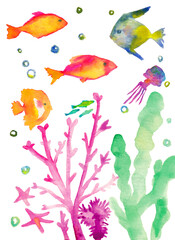 Obraz premium Watercolor tropical coral reef, transparent PNG, colorful fish jellyfish seaweed marine life illustration / 水彩 熱帯魚 珊瑚礁 海中 透過PNG 魚 クラゲ 海藻 海の生き物 イラスト