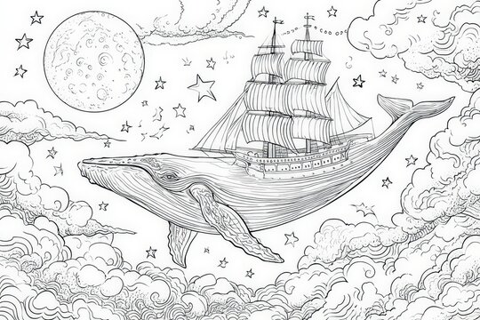 Magical Flying Whale Ship Soaring Through Moonlit Starry Sky