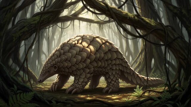 Pangolin walking through prehistoric jungle. Armored mammal moving in ancient forest. Ancient wildlife evolution in primitive environment before dinosaur extinction.