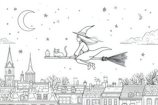 Young Witch Flying Over Rooftops at Night with Cat and Potion Coloring Page