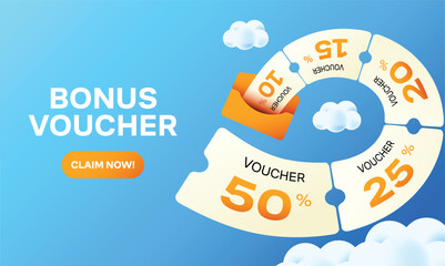 Bonus voucher design concept featuring envelope open with many voucher flying between cloud. © titusurya