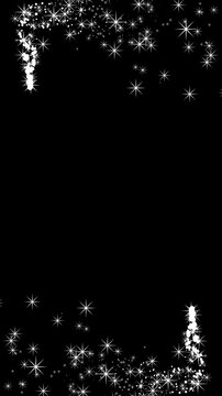 Abstract white glowing stars and glitter particles border animation on black background for celebration and festive holiday.