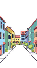 Colorful cartoon illustration of a quiet street with buildings © Hilii