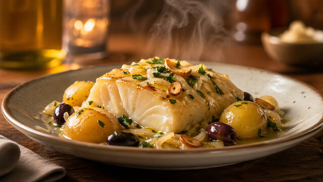 Bacalhau servido com batatas, azeitonas e azeite