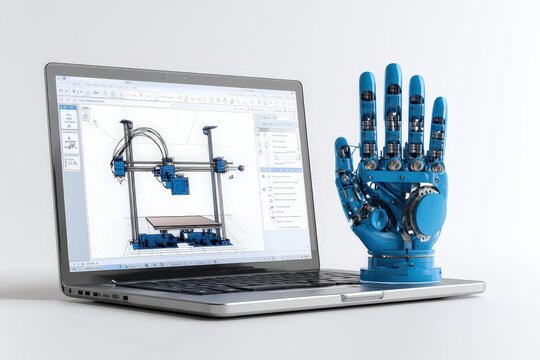 Laptop Displaying 3D Design Software with 4D Printer Creating Blue Glove