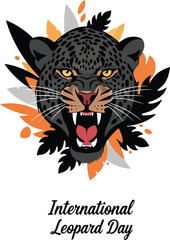 Obraz premium Roaring black leopard head illustration for international leopard day with artistic leaves and colorful paint splashes