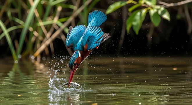 Kingfisher diving for fish in water with wings outspread
