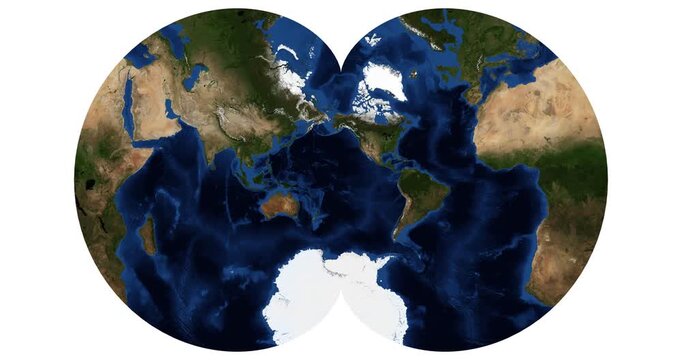 Eisenlohr projection animation of the world map. High-detail physical map with longitude shift and rotation. June View. Elements of this video furnished by NASA.