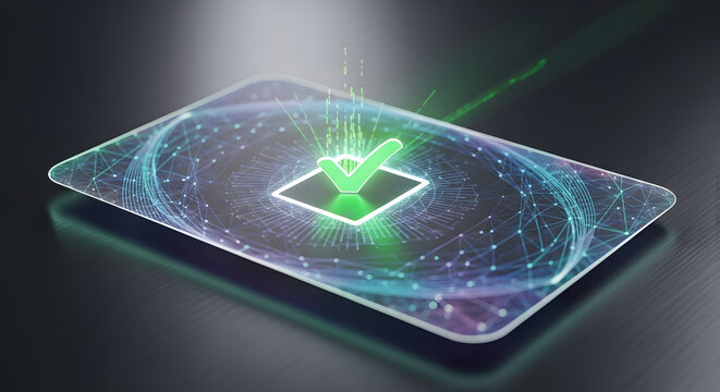 Digital Checkmark Glowing On Futuristic Touchscreen Interface Representing Successful Data Processing And Secure Online Transaction Verification