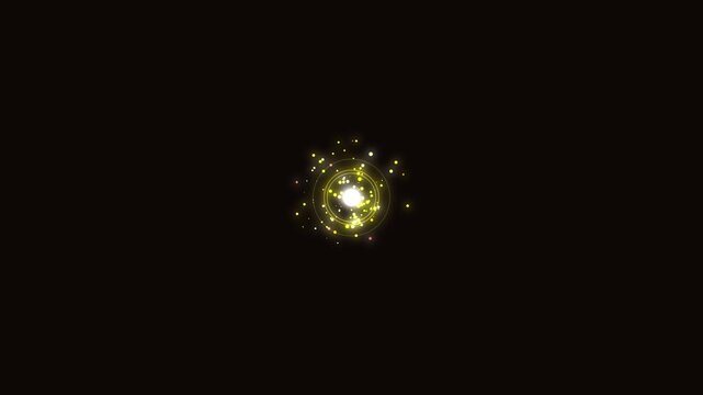 Bright glowing particle logo reveal animation with swirling concentric light rings on dark