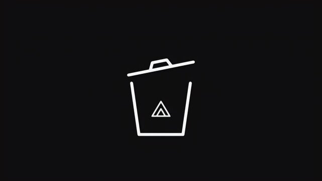 Minimalist white line icon of a waste bin with a lid and triangle symbol representing delete or recycle functions