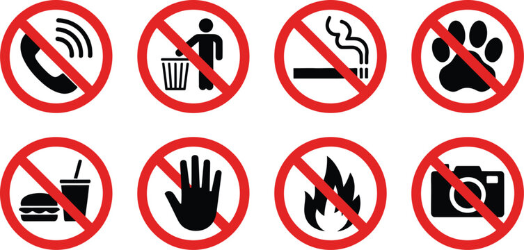 Prohibited icons no mobile phone no littering no smoking no pets no food drink no touch no fire no photography warning symbols