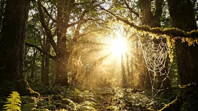 sunlight filtering through forest trees with spider web.