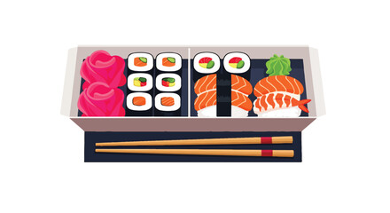 A sushi box with various pieces of sushi and chopsticks © Giu