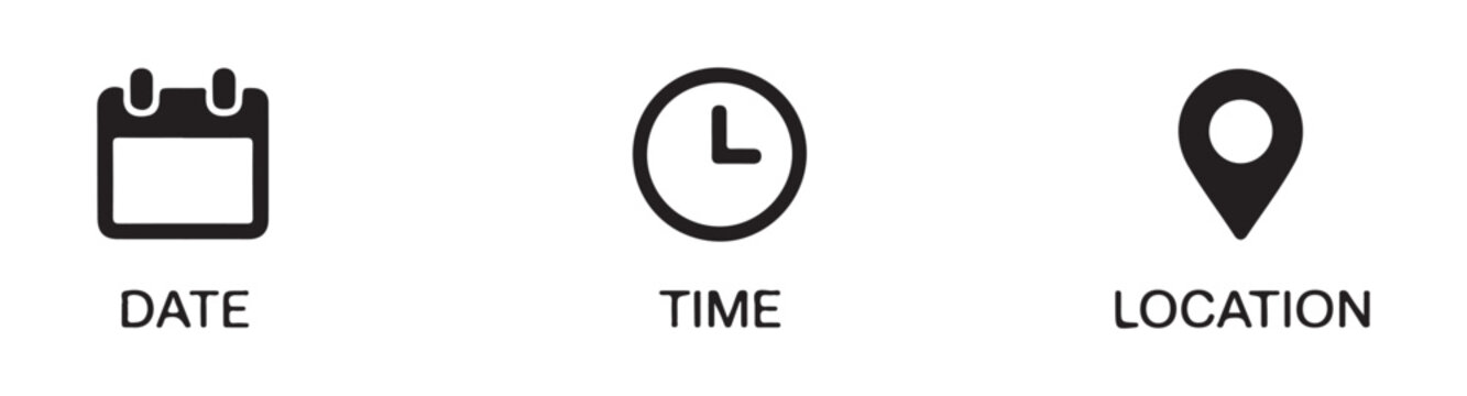 Icon set containing calendar for date clock for time and location marker for geographic positioning and navigation.