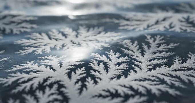 Intricate frost patterns on a cold surface, capturing winter's beauty in a serene landscape