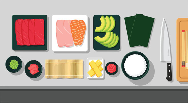 A sushi preparation layout with ingredients