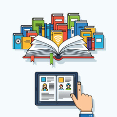 Colorful illustration of books and e-reader © Itachi
