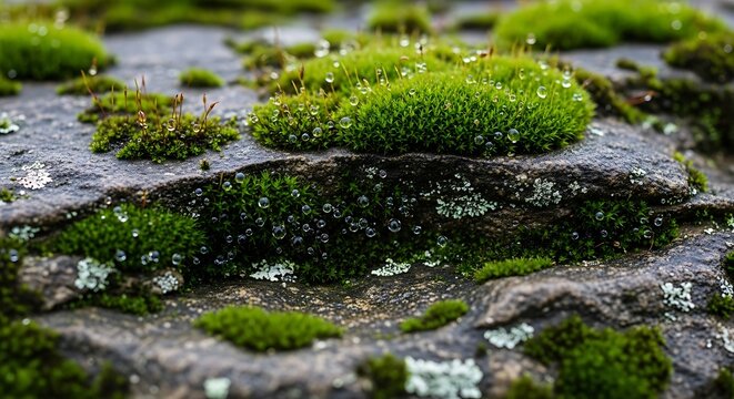 Moss growing on wet stone surface.