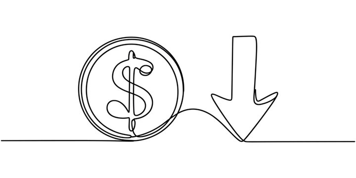 Black line of dollar coin with downward pointing arrow line black and white dollar sign downward arrow