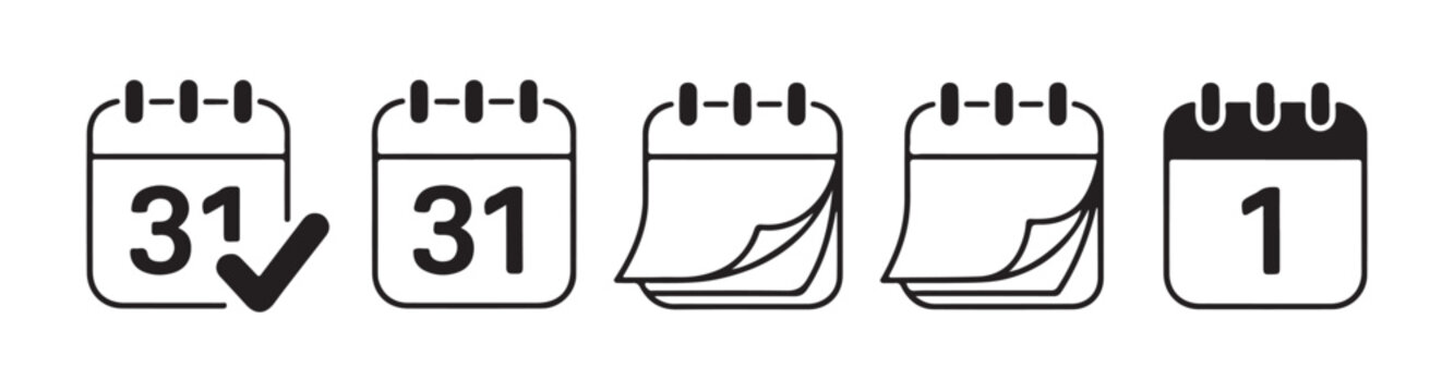Graphic set of calendar sheet icons with different dates showing monthly schedules on transparent background.