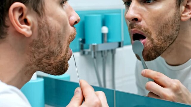 Man Examines His Tongue In Bathroom Mirror Reveals Oral Hygiene Health Evaluation.