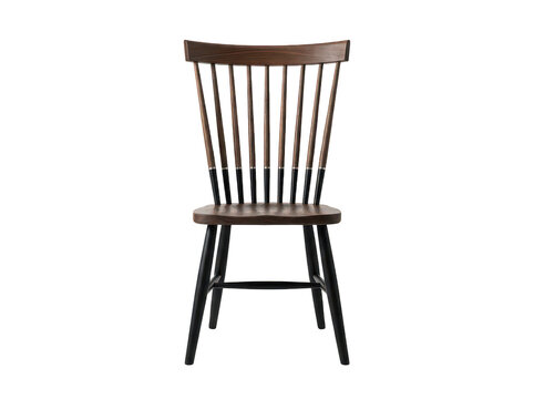 Elegant mid-century modern dark walnut and black spindle back dining chair isolated transparent background image