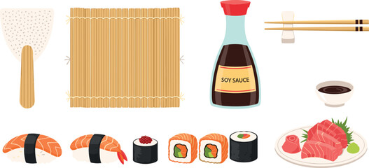 Sushi Making Set with Soy Sauce, Bamboo Mat, Sushi Rolls, Sashimi, Wasabi, and Chopsticks for Japanese Cuisine and Recipes © MstSheule