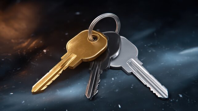 A close-up image of a set of three metal keys in gold, black, and silver colors lying on a dark, reflective surface.
