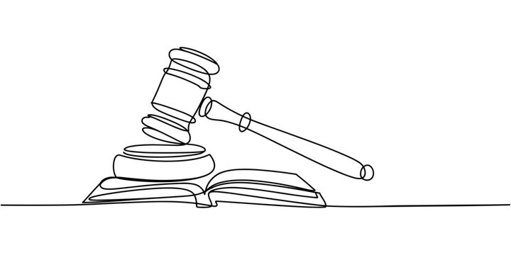 Judge gavel resting on open law book in one line style one line continuous line black and white legal 