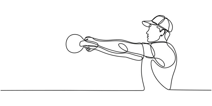 Man in cap doing kettlebell exercise with one arm fitness in white background