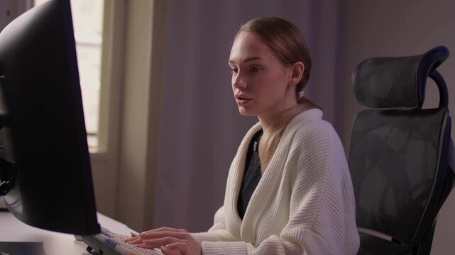 Female coder working. Female developer studying terminal output late at night. Dedicated woman engaged in remote software development and troubleshooting during nighttime hours