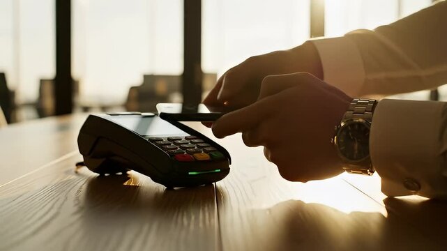 Closeup of contactless payment with smartphone on credit card reader on wooden table warm sunlight