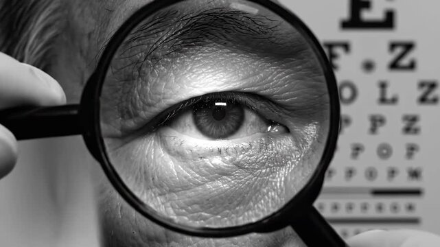 Eye Test With Magnifying Glass Revealing Details, Focus On Eye Sight and Healthcare