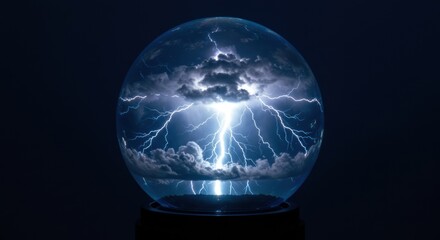 Fototapeta premium A 3D hologram of a thunderstorm contained in a sphere, with lightning flashes and swirling clouds of light.