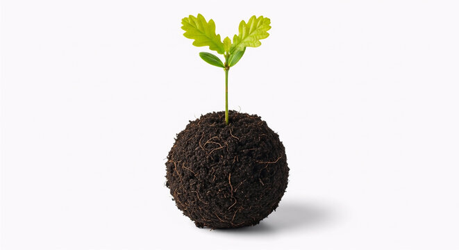 Small green sapling growing in soil isolated on white background