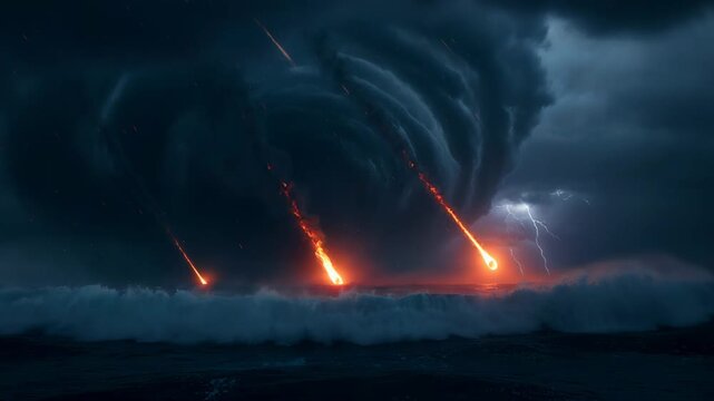 Asteroid impact causing mass extinction event in prehistoric ocean. Massive meteor shower falling into sea during storm. Global prehistoric catastrophe scenario.