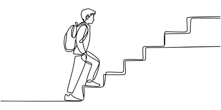 Young student with backpack climbs stairs in one line style one line single line continuous line young backpack