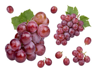 Fototapeta premium Assortment of fresh red grapes and leafy vines, plump and ready to eat, isolated on transparent background.