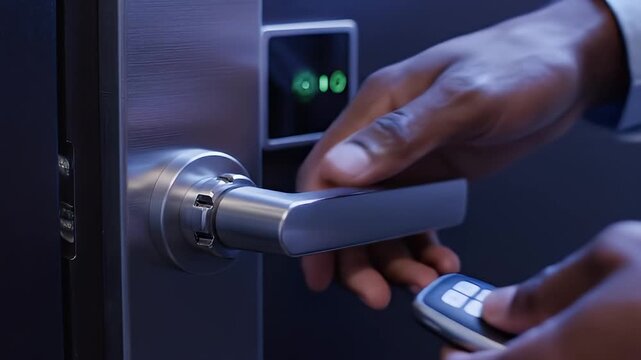 Close-up of a hand holding a key fob to unlock a smart door lock with digital keypad