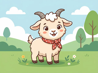 Obraz premium Cute cartoon baby goat wearing a red scarf standing in a green meadow.