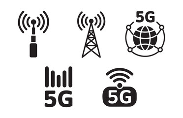 Obraz premium Set of black 5g connectivity icons including transmission towers globes signals and various network speed symbols.