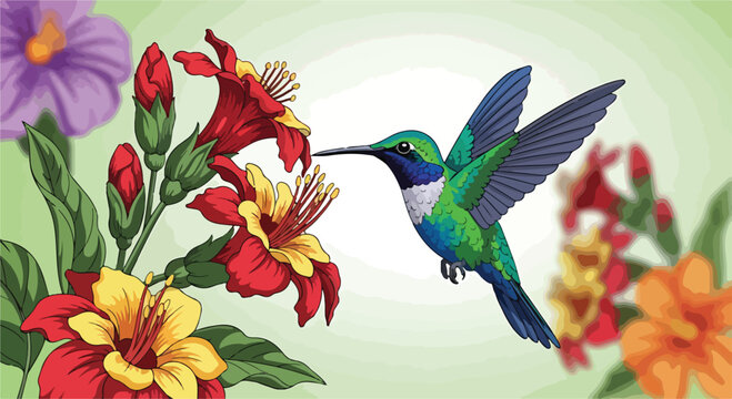 A colorful hummingbird sips nectar from a vibrant flower