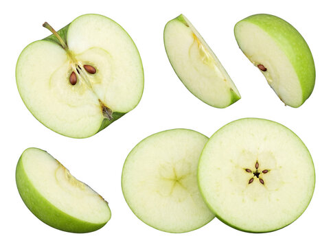 Collection of fresh green apple pieces, including halves, wedges, and circular slices.