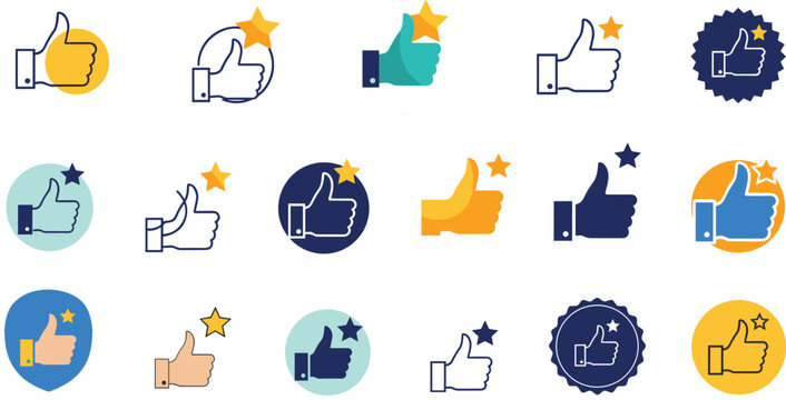 Thumbs Up Hand Gesture Icon Collection Vector, Colorful Like and Approval Symbols Set with Stars for Social Media UI and User Feedback Design