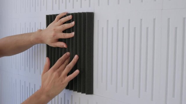 Soundproofing test on acoustic board. Evaluating sound insulation with acoustic panel testing. Technician assesses soundproofing effectiveness of acoustic panels in studio