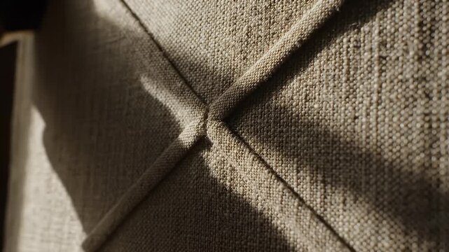 Close-up of beige textured fabric with diamond stitching and soft shadow abstract background